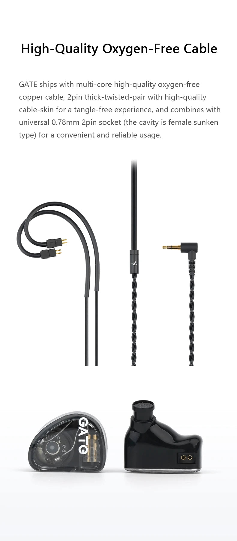 A black high-quality oxygen-free cable and earphone set for a GATE device.