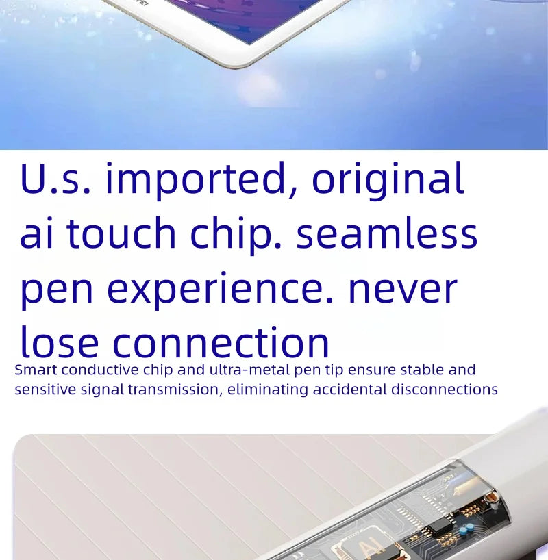 Close-up of a smart conductive chip and ultra-metal pen tip for a tablet device.