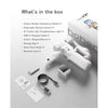 A white 3-axis smartphone gimbal stabilizer is shown with various accessories like a charging cable, wrench, and guide card.