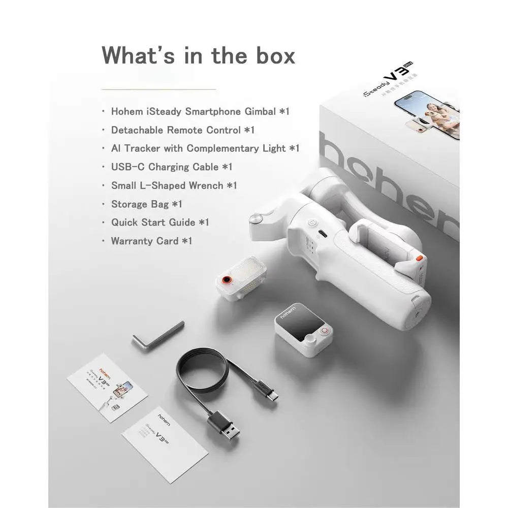 A white 3-axis smartphone gimbal stabilizer is shown with various accessories like a charging cable, wrench, and guide card.