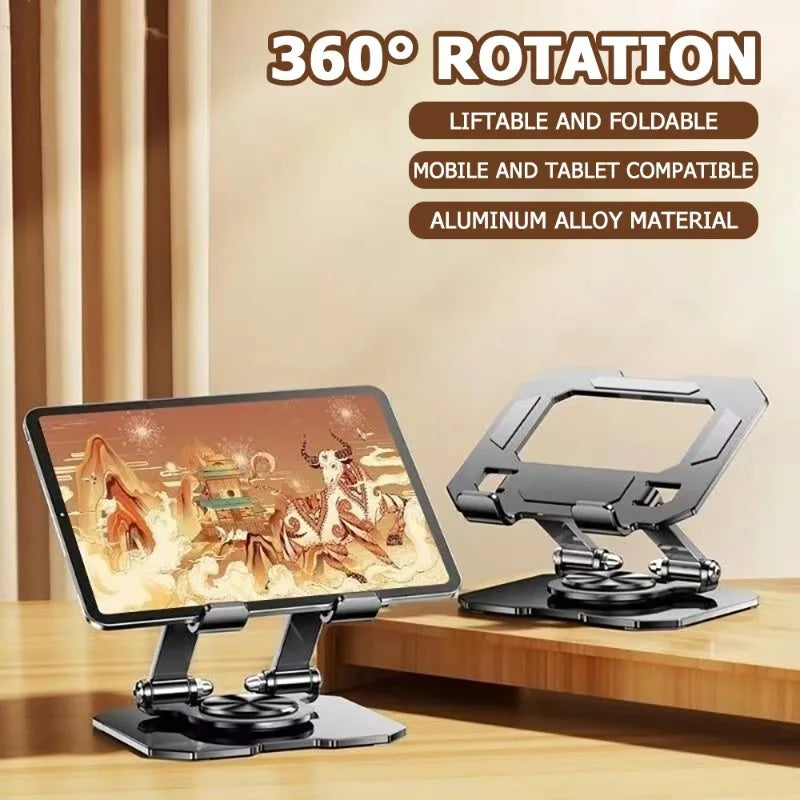 A silver aluminum alloy 360° rotation adjustable stand for a tablet or laptop is shown on a wooden surface.
