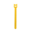 A yellow reusable nylon cable organizer tie with a loop at the top.