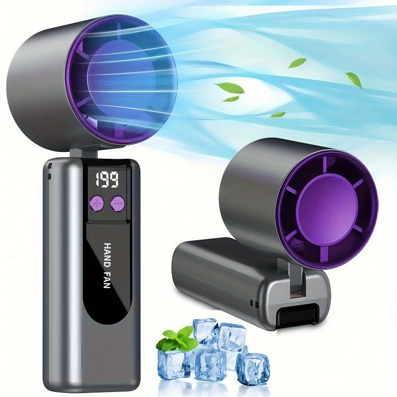 A portable semiconductor cooling fan with a purple fan head and ice cubes shown in a studio setting.