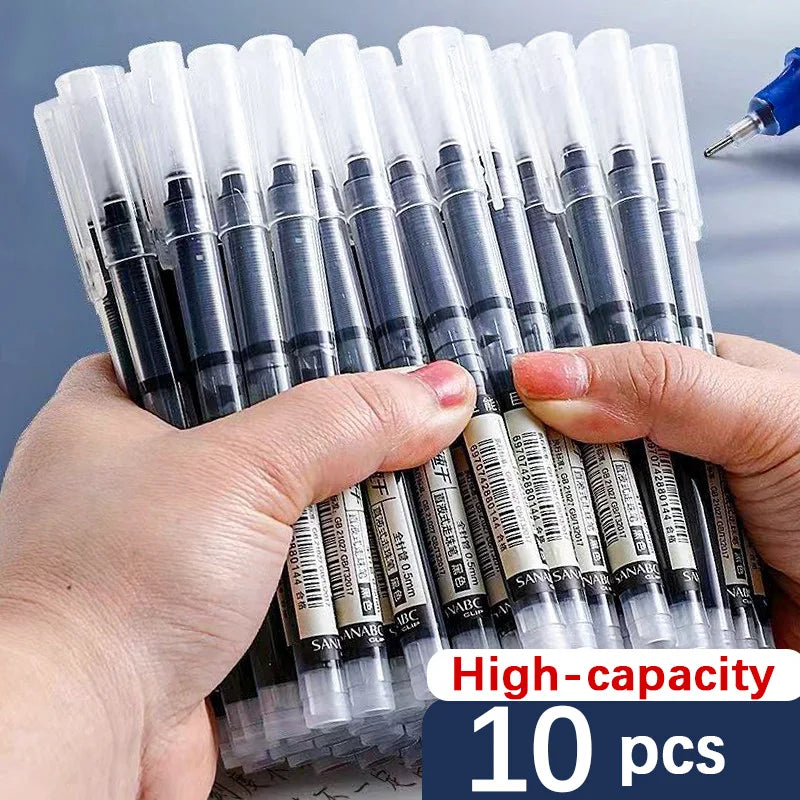 A hand holds a pack of ten colorful gel pens for writing and art.