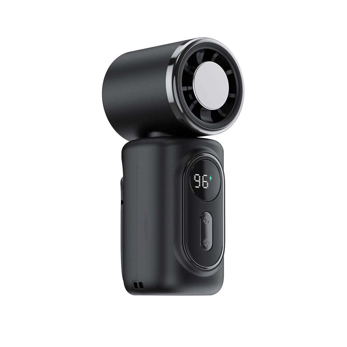 A black portable clip-on handheld cooling fan with a circular grille and a digital display showing 96 degrees.