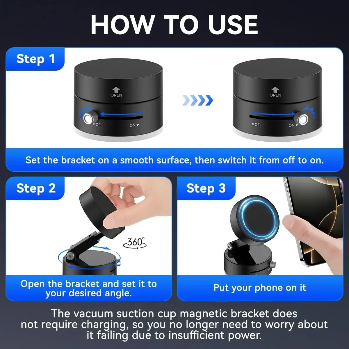 Instructions for using a 360 degree magnetic phone holder bracket on a smooth surface