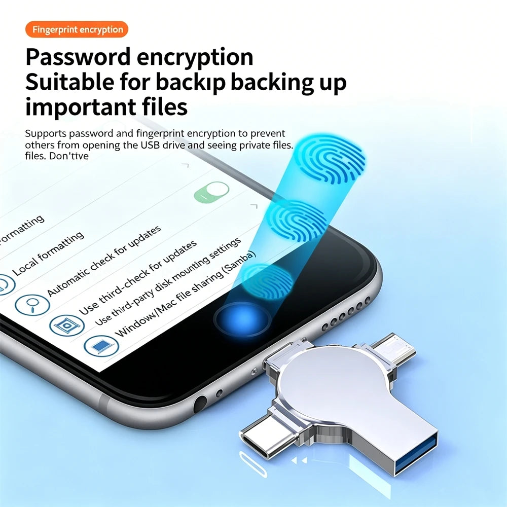 A silver USB flash drive is shown next to a smartphone displaying password encryption features for backup.