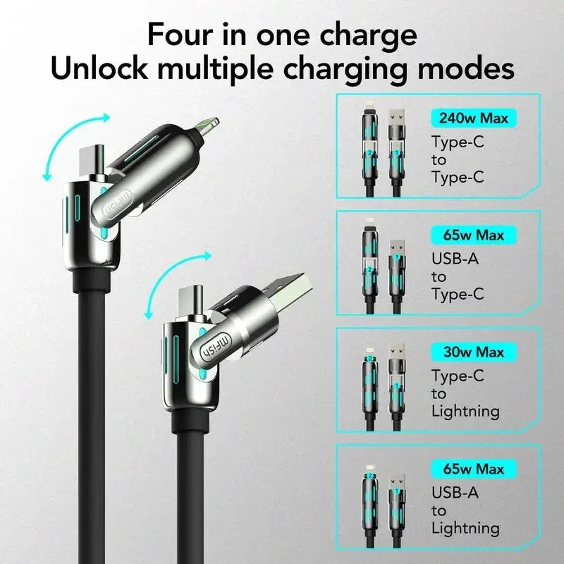 Multifunktionales Ladekabel mit vier Ladefunktionen: 240W, 65W und 30W Max.