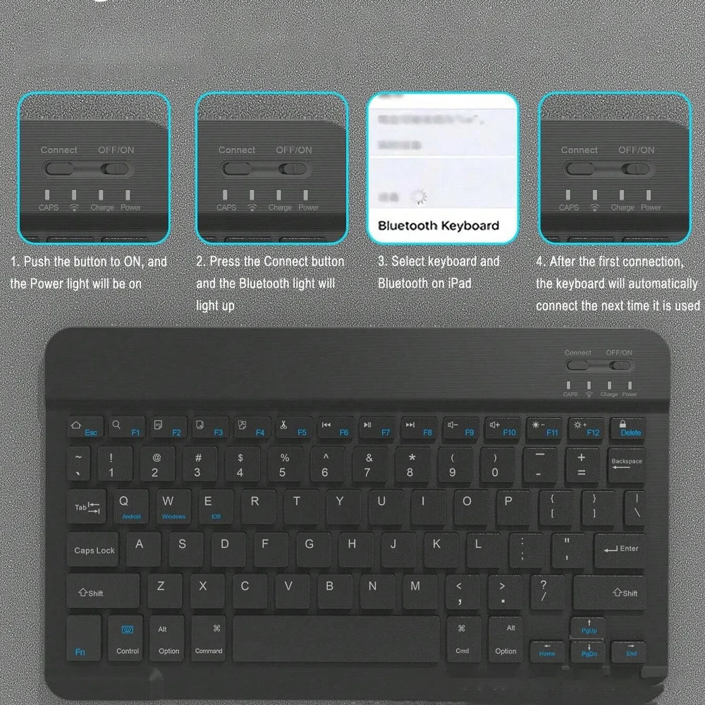 A black magnetic keyboard case for an iPad Pro, showing connection steps and the keyboard itself.