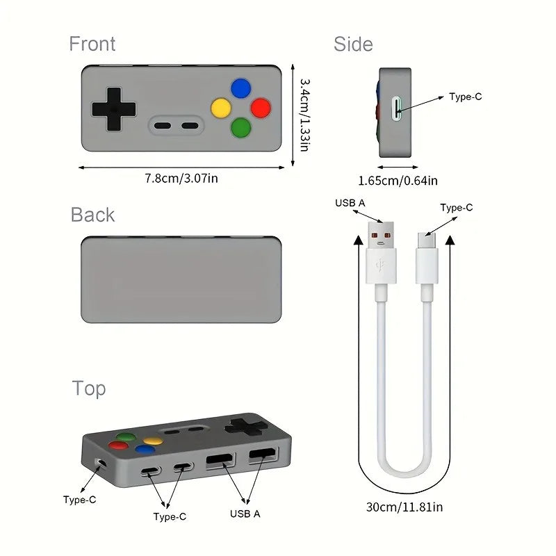 Diagram showing the front, side, back, and top views of a 4-in-1 USB hub with Type-C and USB A ports.
