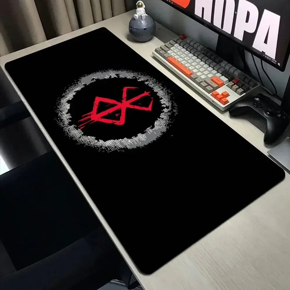 A black gaming mouse pad featuring a red Berserk anime logo on a wooden desk.