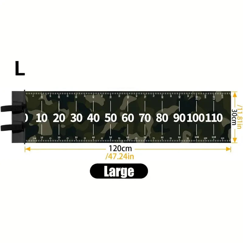 A black measuring ruler marked in centimeters and inches, labeled as large.