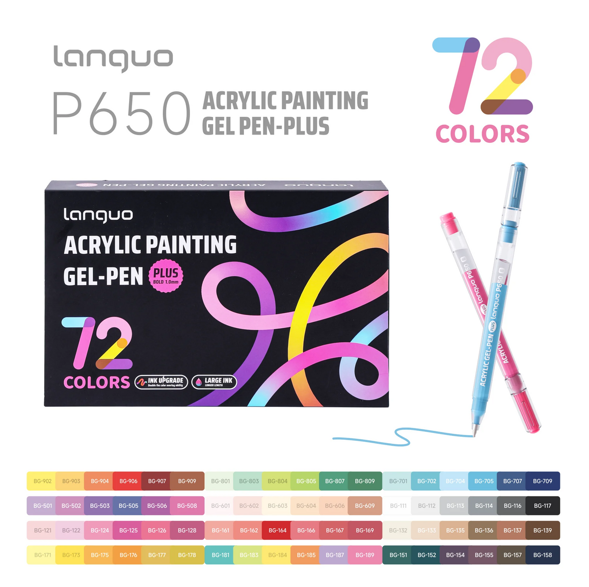Languo P650 acrylic painting gel pen plus set featuring 72 colors in a black box.