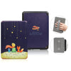 A dark purple leather case for a Kindle Paperwhite, shown with close-ups of the texture and magnetic closure.