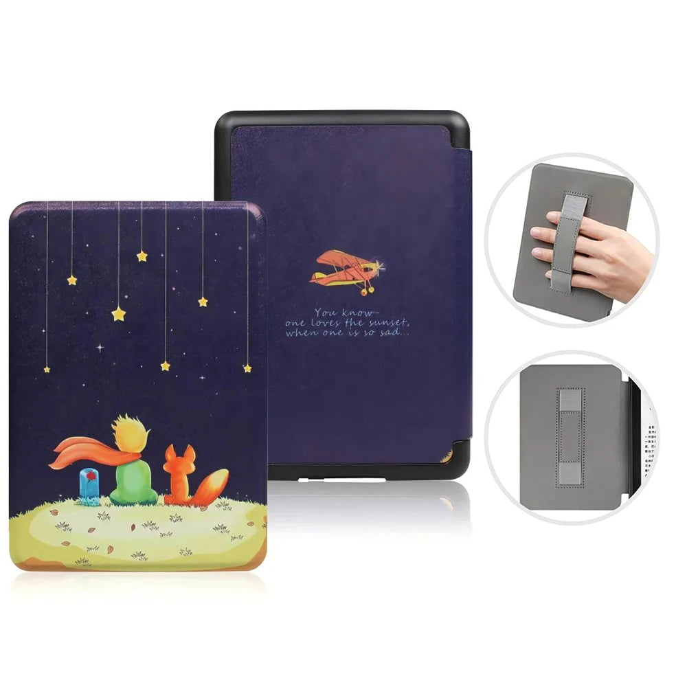 A dark purple leather case for a Kindle Paperwhite, shown with close-ups of the texture and magnetic closure.