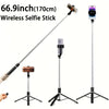 A professional extendable selfie stick tripod with a wireless remote and smartphone attachment.
