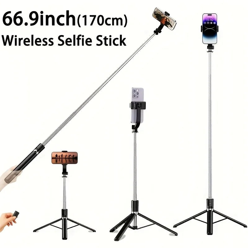 A professional extendable selfie stick tripod with a wireless remote and smartphone attachment.