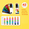 A set of 42 colored watercolor fountain pens and a sponge for painting, displayed next to a color chart.