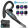 Black professional wireless Bluetooth earphones with a charging case and a headset hook.