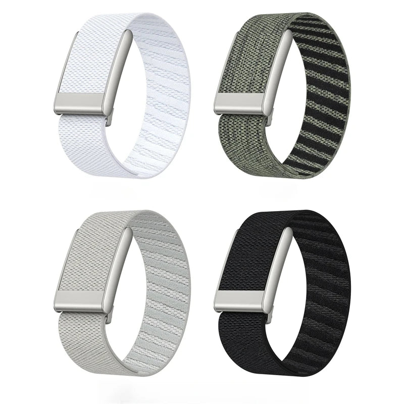 Three replacement watch bands for a Whoop 5.0 device in silver, olive green, and black nylon braiding.