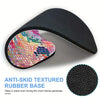 Black anti-skid textured rubber base for a mouse pad with a colorful disco ball design
