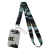 A black and gray cartoon cat card holder lanyard with a neck strap featuring repeated cat designs.
