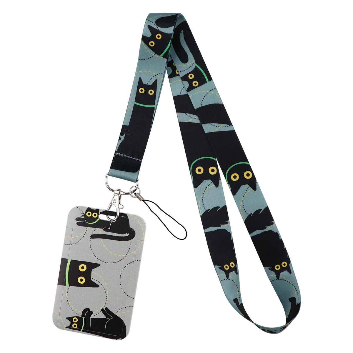 A black and gray cartoon cat card holder lanyard with a neck strap featuring repeated cat designs.