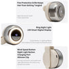 A portable clip-on fan with a protective grille, LED display, and wind speed button.