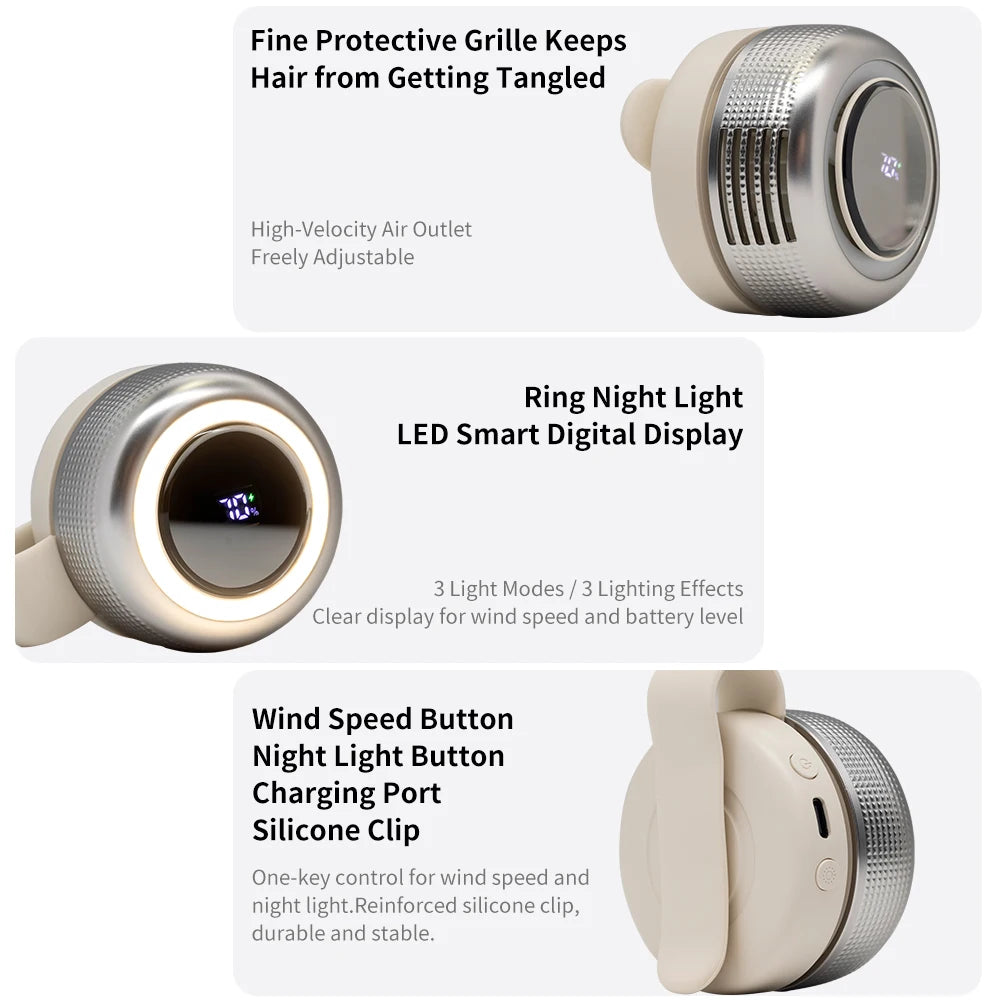 A portable clip-on fan with a protective grille, LED display, and wind speed button.
