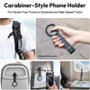 A black magnetic phone tripod stand with a carabiner clip shown being used for hands-free travel.