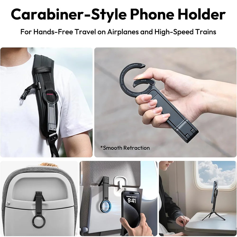 A black magnetic phone tripod stand with a carabiner clip shown being used for hands-free travel.