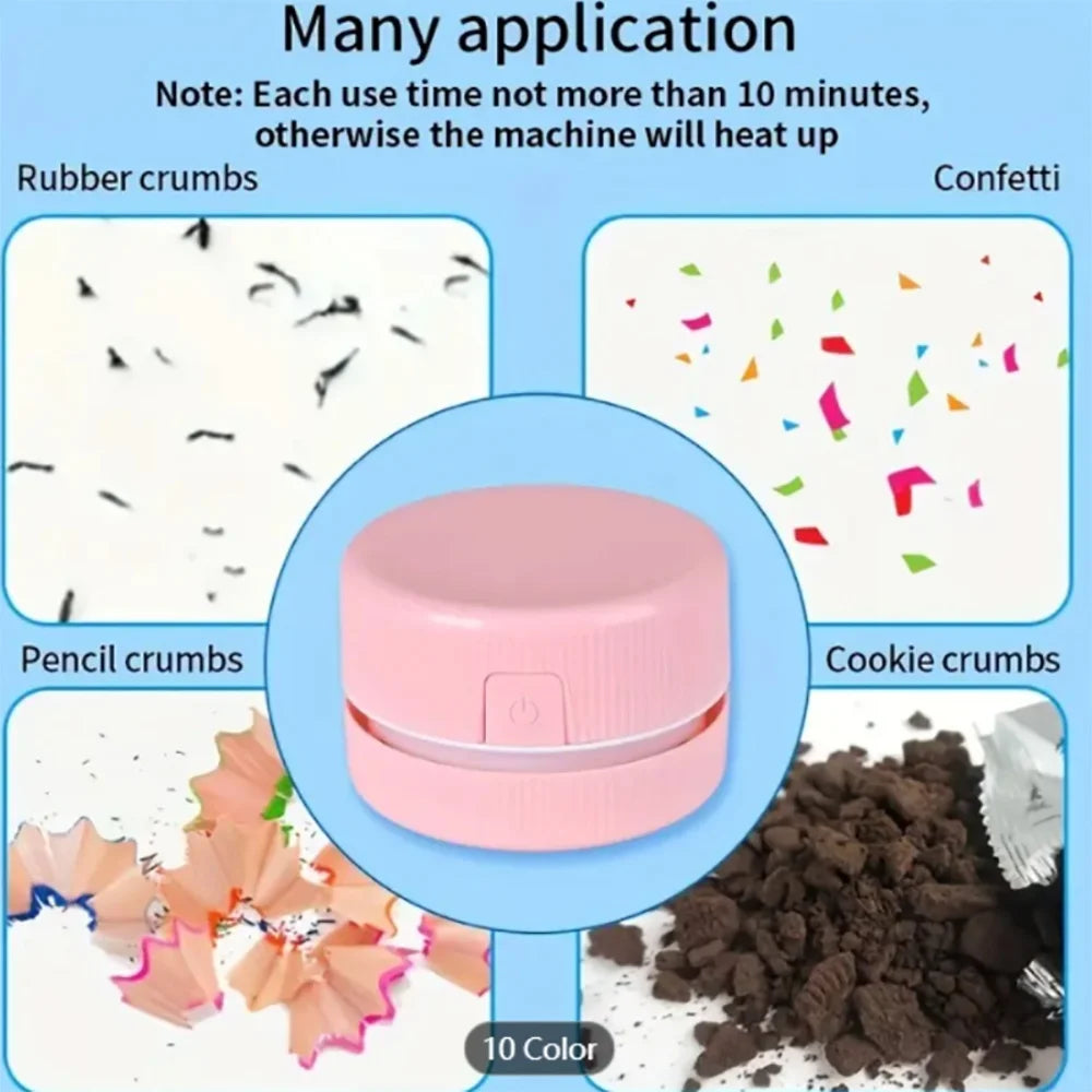Rosa Mini-Schreibtischstaubsauger mit Krümeln wie Gummi, Konfetti, Bleistift und Kekskrümeln