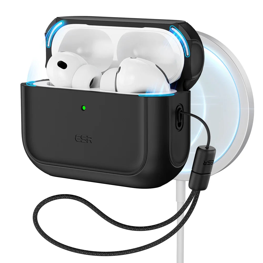 A black charging case for AirPods Pro with magnetic closure and a white magnetic case inside.