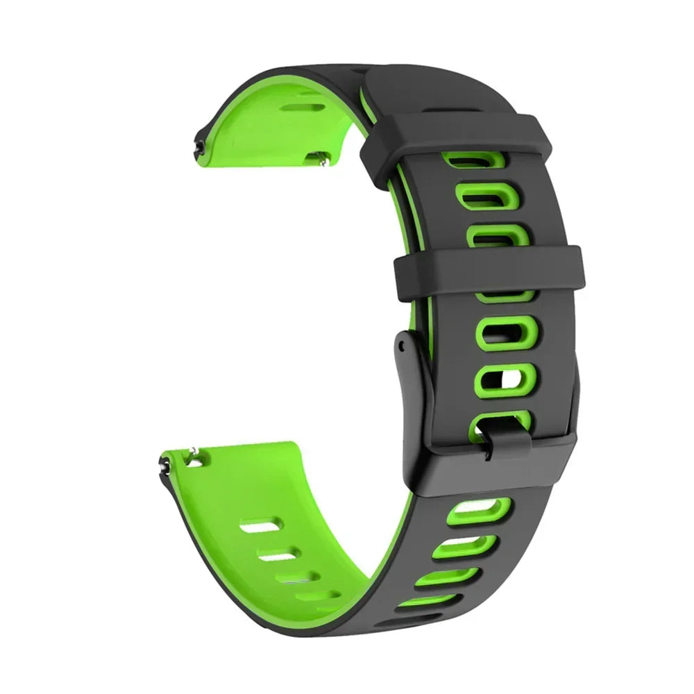 A silicone watch band with a black strap and bright lime green accents, shown in a curved shape.