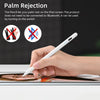 A hand holds a white capacitive stylus pen on an iPad screen, demonstrating palm rejection technology.