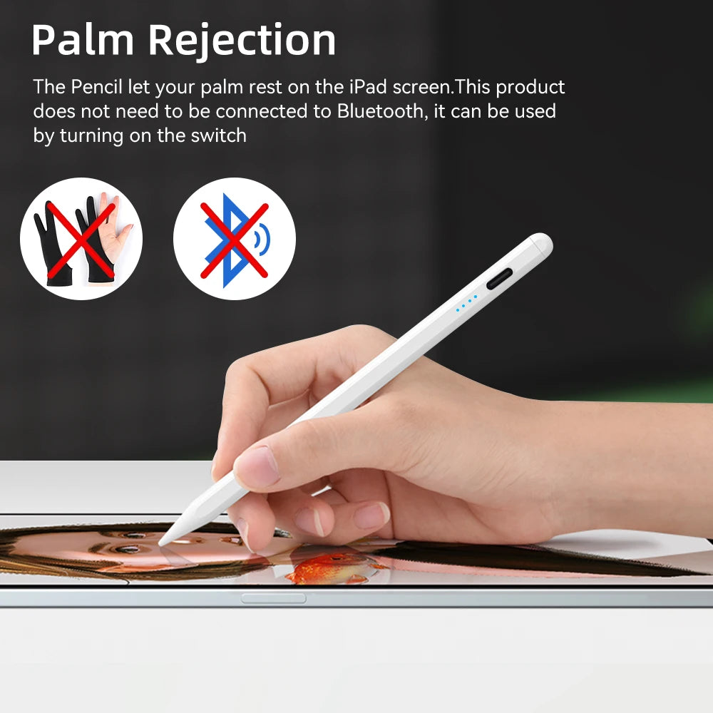 A hand holds a white capacitive stylus pen on an iPad screen, demonstrating palm rejection technology.