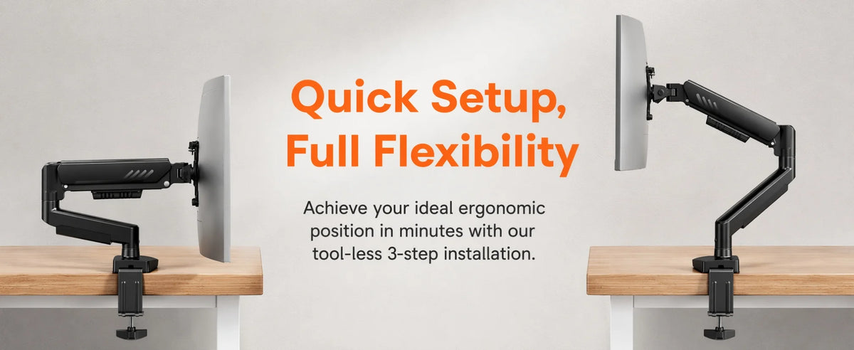 A black fully adjustable monitor arm is shown mounted on a wooden desk.