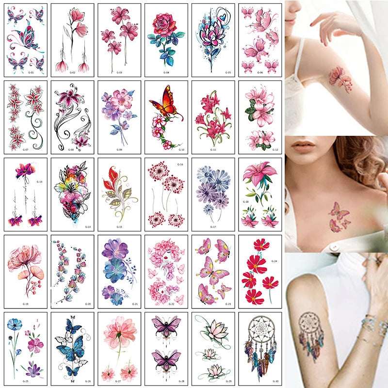 Una cuadrícula de pegatinas de tatuajes temporales de varios diseños con patrones florales y de mariposas.