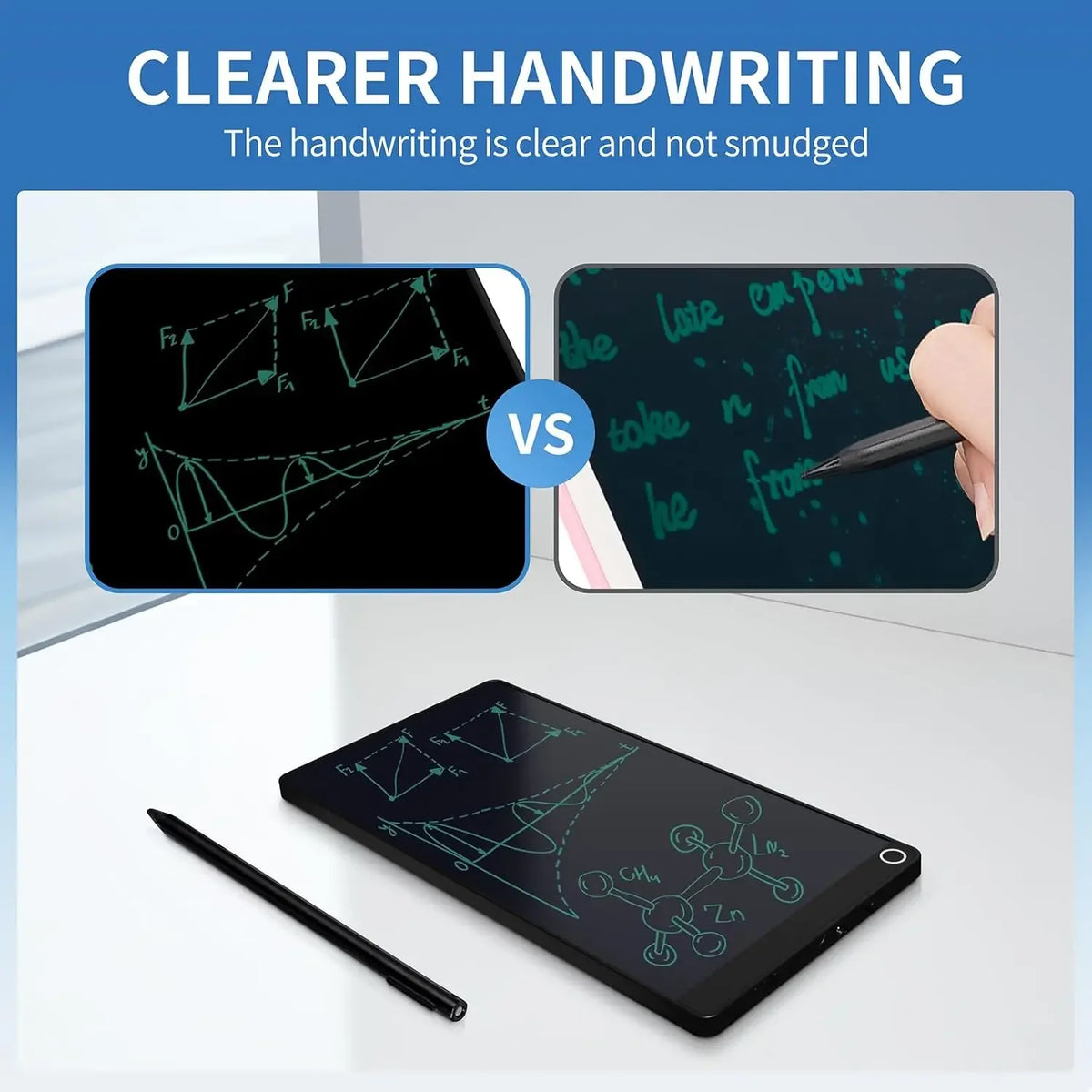 A black writing tablet displaying clear handwriting examples and a chemical structure, next to a stylus.