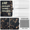 A leather wallet and tracker for a 100 envelope savings challenge featuring marble patterns and numbered slots.