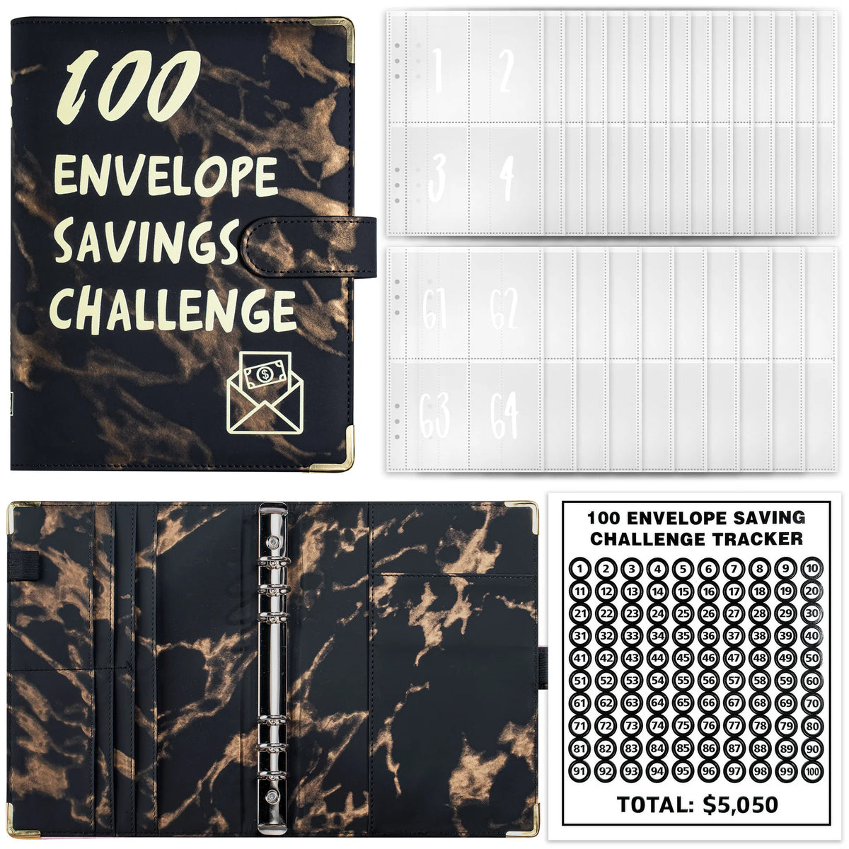 A leather wallet and tracker for a 100 envelope savings challenge featuring marble patterns and numbered slots.
