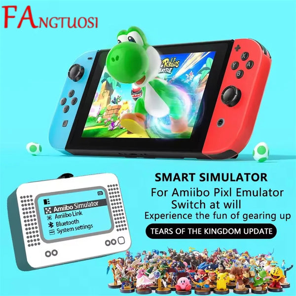 Appareil simulateur numérique Amiibo Pixel Emulator Switch avec personnages de jeux et manette.