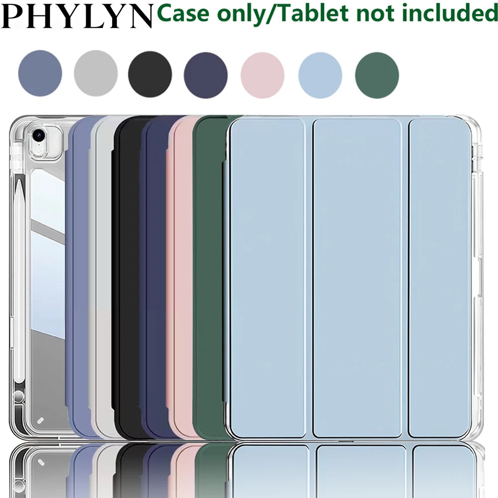 A clear protective case for an Apple iPad showing multiple color options including purple, black, pink, and green.
