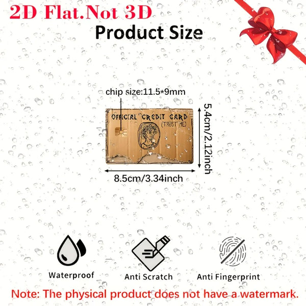 A brown credit card sized sticker with dimensions 11.5x9mm and 8.5cm/3.34inch.
