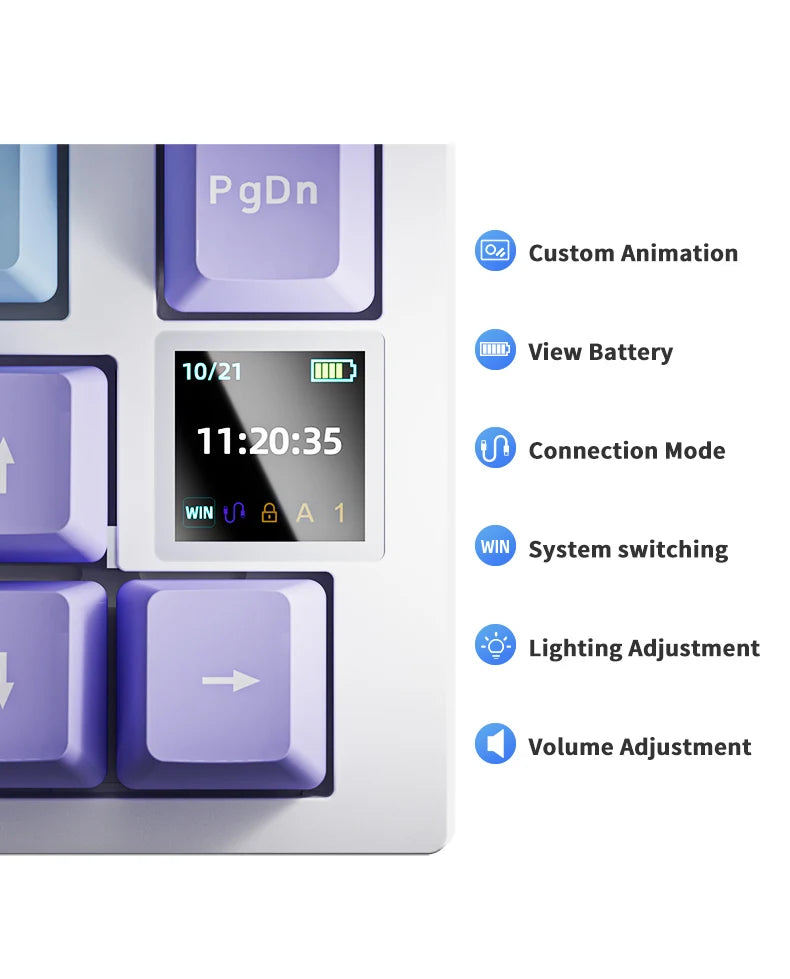 Nahaufnahme einer weißen mechanischen Tastatur mit verschiedenen Funktionstasten und einem digitalen Display.