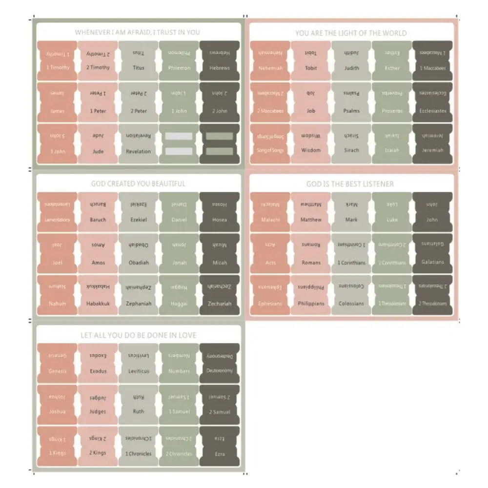 A collection of large print self-adhesive Bible tabs categorized by biblical books and themes.