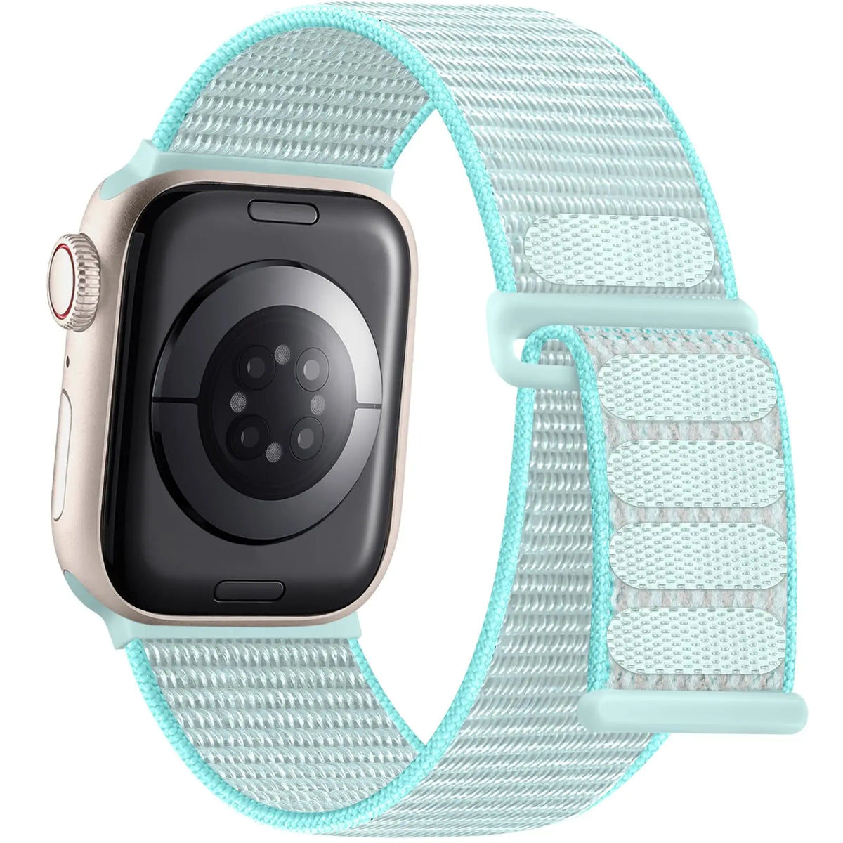 A light mint green Apple Watch with a matching sport hook and loop strap.