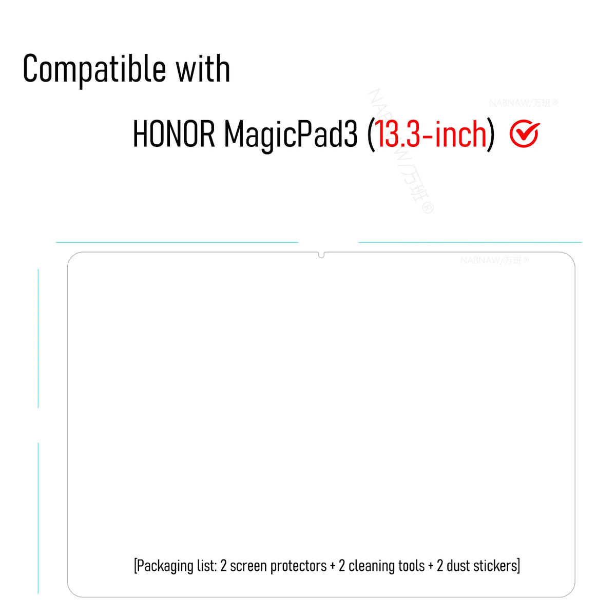 Packaging list for a 2-pack of screen protectors and cleaning tools for the HONOR MagicPad 3 (13.3-inch).