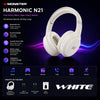 White Harmonic N21 over-ear headphones shown against a dark background with various features listed below.