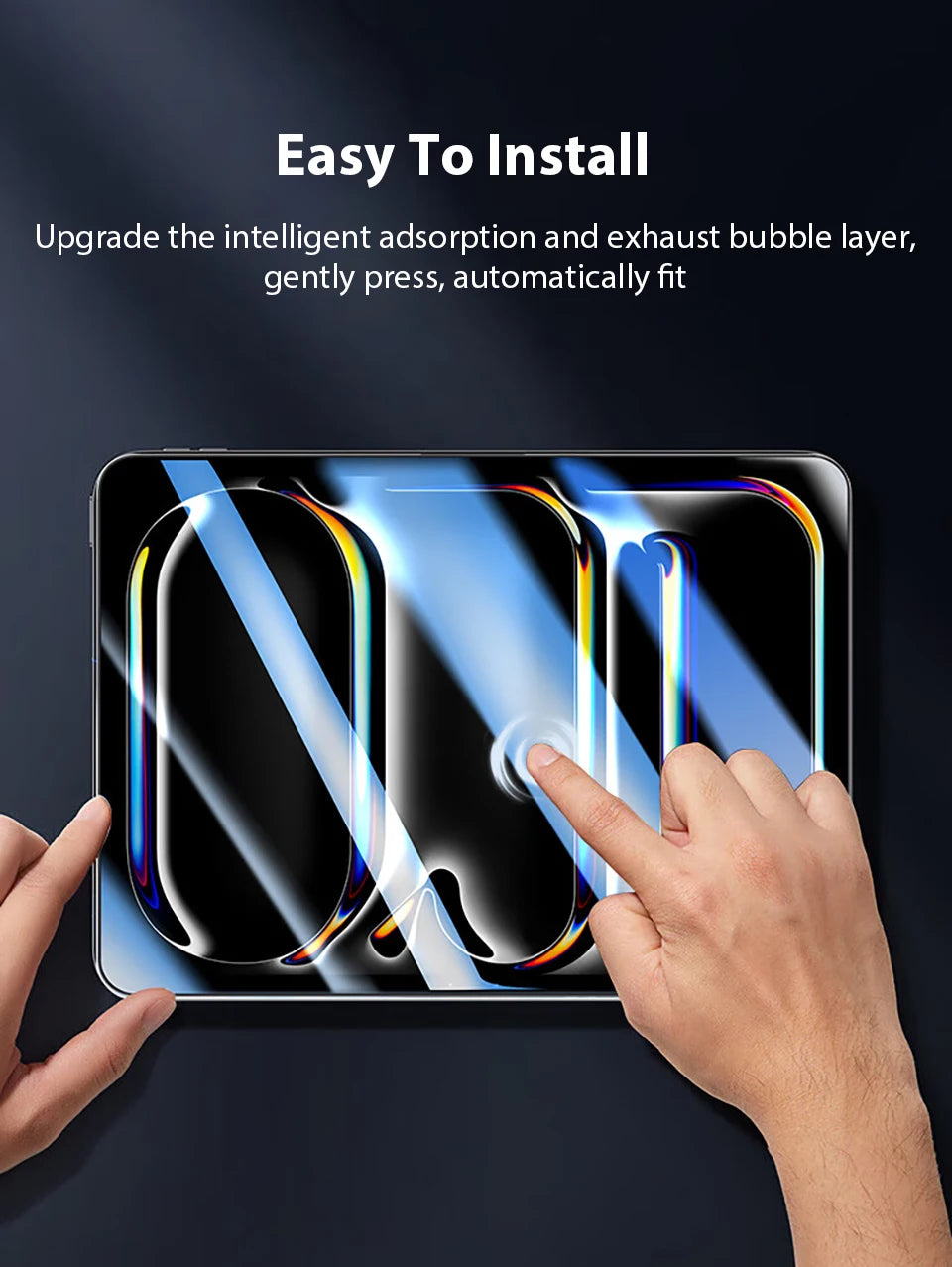 A hand is pressing a tempered glass screen protector onto an iPad screen, demonstrating the easy installation process.